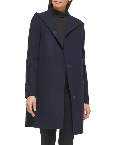 Kenneth Cole Double Face Wool Blend Hooded Coat - Blue