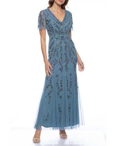 Marina Bead Embellished Flutter Sleeve Gown - Blue