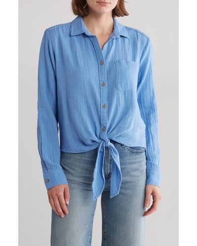 Beach Lunch Lounge Long Sleeve Tie Hem Cotton Gauze Button-up Shirt - Blue