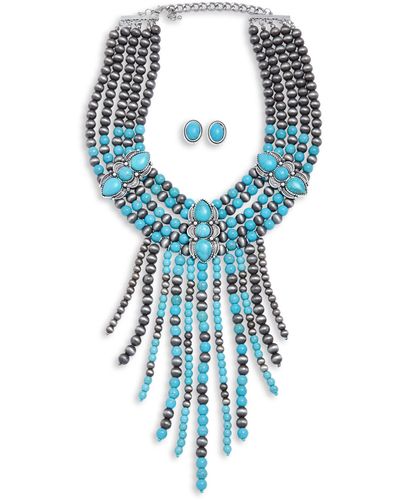 Tasha Statement Fringe Collar Necklace With Stud Earrings - Blue