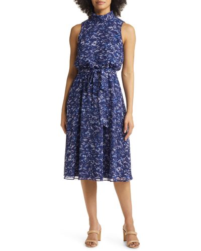 Harper Rose Floral Print Tie Waist Chiffon Midi Dress - Blue