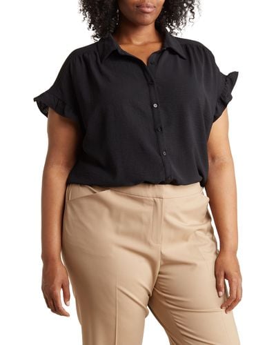 Pleione Crinkle Short Sleeve Ruffle Camp Shirt - Black