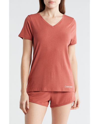 Calvin Klein V-neck T-shirt & Shorts 2-piece Pajama Set - Red