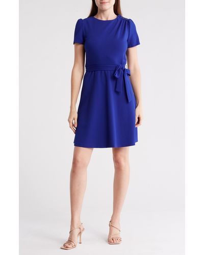 DKNY Short Sleeve Belted Fit & Flare Dress - Blue