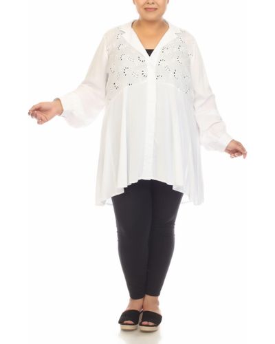 Boho Me Embroidered Eyelet Button-up Tunic Top - White
