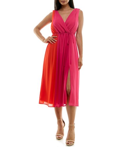 Nina Leonard Sleeveless Colorblock Chiffon Dress - Red