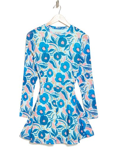 Original Penguin Papercut Floral Long Sleeve Mesh Fit & Flare Dress - Blue