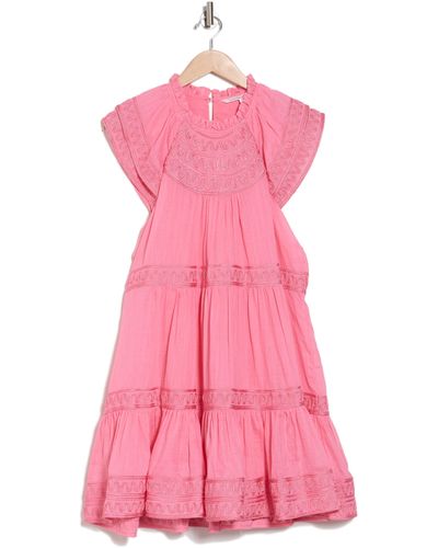 Veronica Beard Keely Embroidered Tiered Ramie Dress - Pink