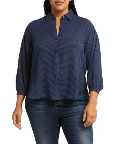 Max Studio Grid Textured Long Sleeve Button-up Shirt - Blue