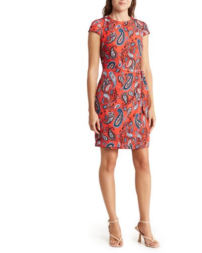 Vince Camuto Printed Cap Sleeve Pleated Dress - Red
