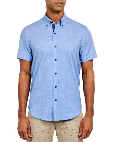 Con.struct Slim Fit Four-way Stretch Performance Chambray Short Sleeve Button-down Shirt - Blue
