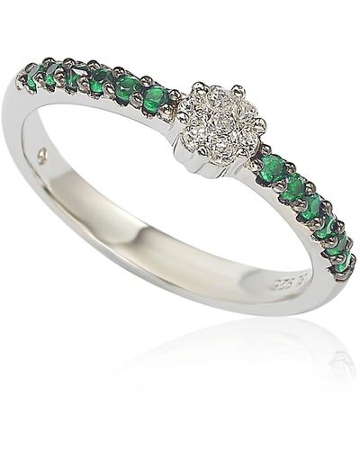 Suzy Levian Sterling Silver White Cz Cluster & Pavé Green Cz Band Ring