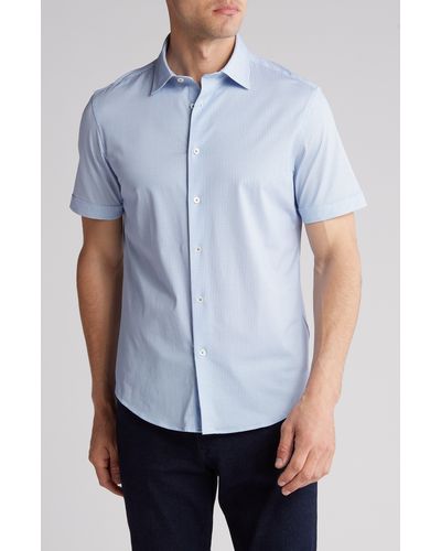 Bugatchi Geo Print Stretch Short Sleeve Button-up Shirt - Blue