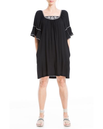 Max Studio Max Studio Embroidered Rayon Dobby Ruffle Dress In Black/white Clematis At Nordstrom Rack