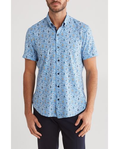 Con.struct Boat Print Stretch Short Sleeve Button-down Shirt - Blue