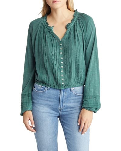 Lucky Brand Embroidered Peasant Blouse - Green