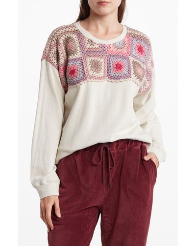 Lucky Brand Crochet Yoke Cotton Sweatshirt - Red