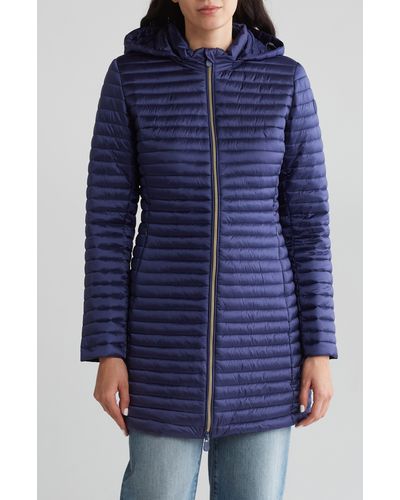 Save The Duck Megs Water Resistant Shiny Hooded Puffer Jacket - Blue