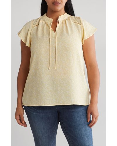 Bobeau Tie Keyhole Flutter Sleeve Top - Natural