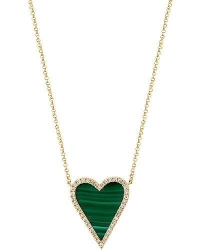 Effy 14k Yellow Gold Malachite & Diamond Halo Heart Pendant Necklace - Green
