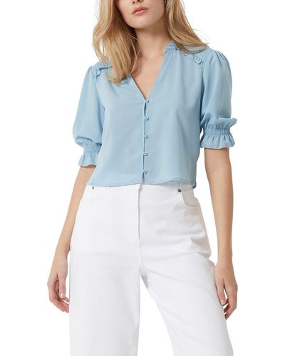 French Connection Puff Sleeve Crepe Button-up Top - Blue