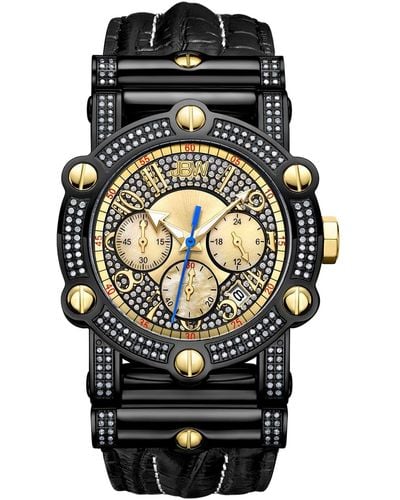 JBW Phantom 10 Year Chronograph Diamond Croc Embossed Leather Strap Watch - Black