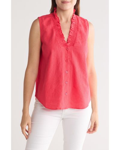 Ellen Tracy Ruffle Sleeveless Button-up Shirt - Red