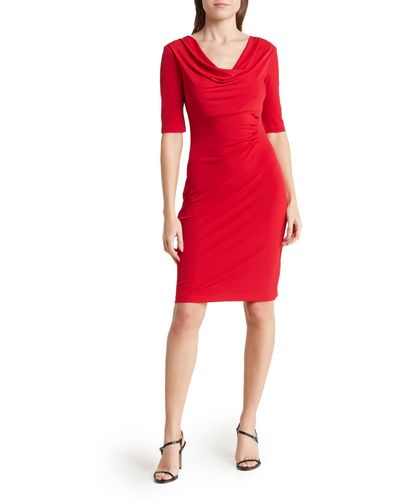 Connected Apparel Three-quarter Sleeve Cowl Neck Fitted Dress - Red