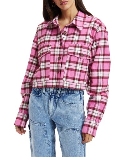GOOD AMERICAN Plaid Flannel Crop Button-up Shirt - Red