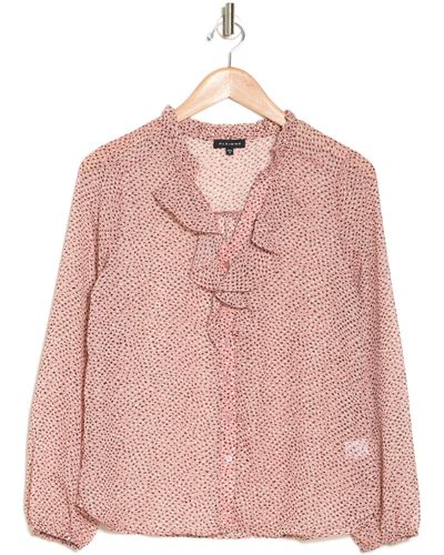 Pleione Ruffle Long Sleeve Button Front Blouse - Pink