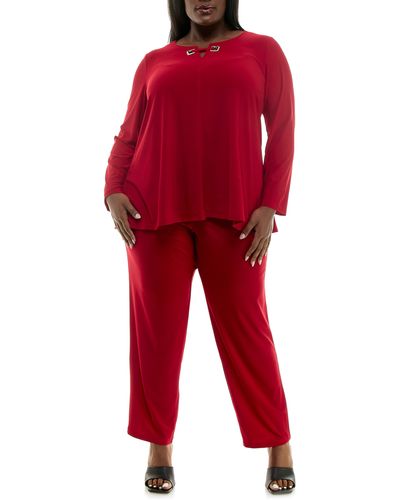 Nina Leonard Slim Fit Top & Pants Set - Red
