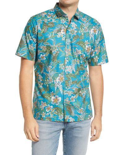 Tori Richard Green Thumb Tropical Print Short Sleeve Button-up Shirt - Blue