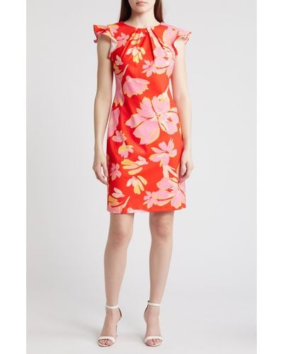 Donna Ricco Floral Flutter Sleeve Sheath Dress - Red