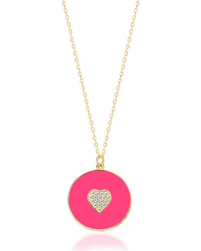 Gabi Rielle Pink French Enamel Heart Cz Pendant Necklace - Metallic