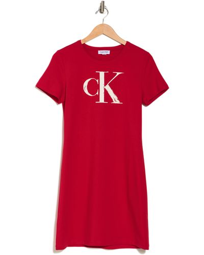 Calvin Klein Logo Stretch Cotton T-shirt Dress - Red