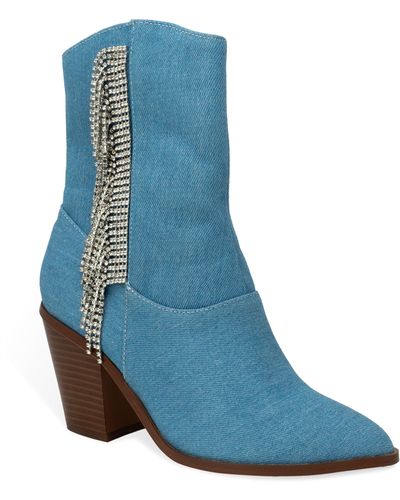 In Touch Footwear Justine Side Rhinestone Tassel Western Boot - Blue