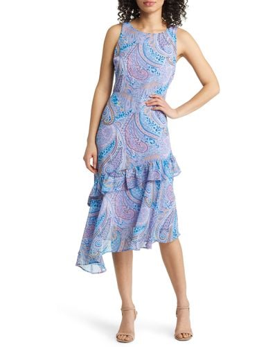 Sam Edelman Paisley Asymmetric Ruffle Dress - Blue