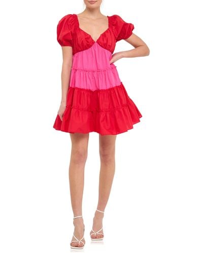 English Factory Colorblock Puff Sleeve Cotton Minidress - Red