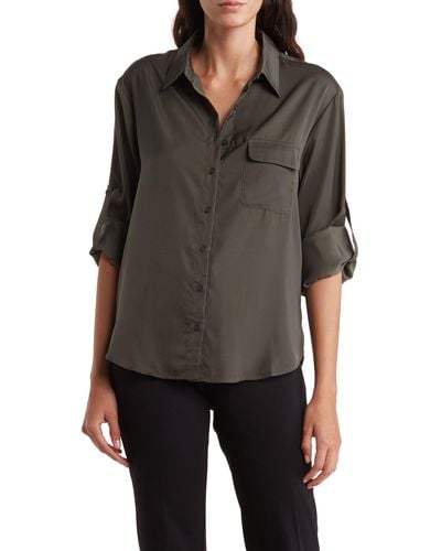 Pleione Satin Long Sleeve Button-up Shirt - Black