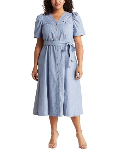 Calvin Klein Short Sleeve Button Front Cotton Dress - Blue