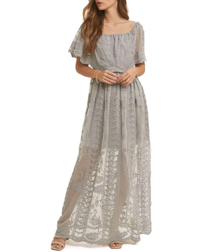 Wishlist Lace Overlay Off The Shoulder Maxi Dress - Gray