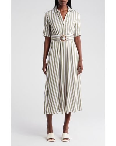 T Tahari Elbow Sleeve Belted Shirtdress - Multicolor