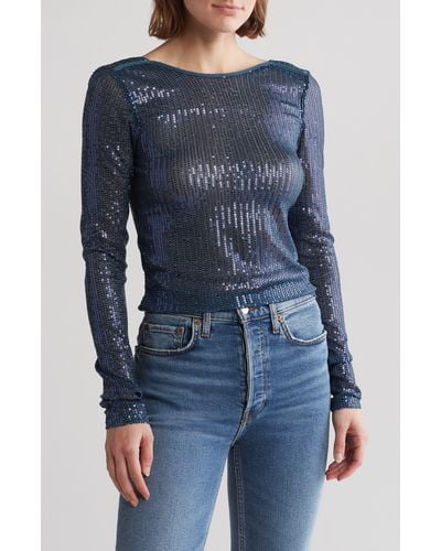 Free People Unapologetic Sequin Long Sleeve Top - Blue