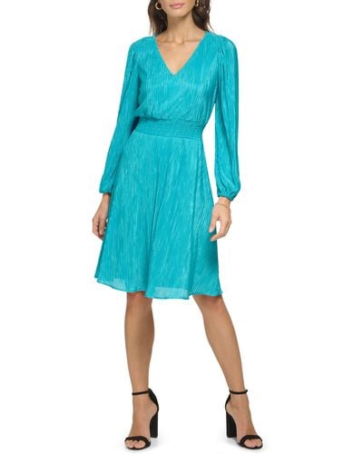 Kensie Pleated V-neck Long Sleeve A-line Dress - Blue