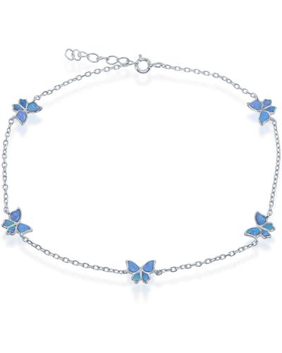 Simona Sterling Silver Blue Created Opal Butterfly Charm Anklet
