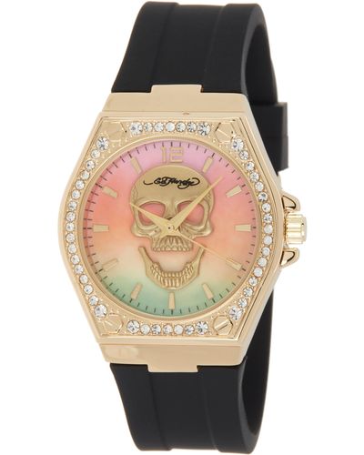 Ed Hardy Crystal Skull Dial Silicone Strap Watch - Multicolor