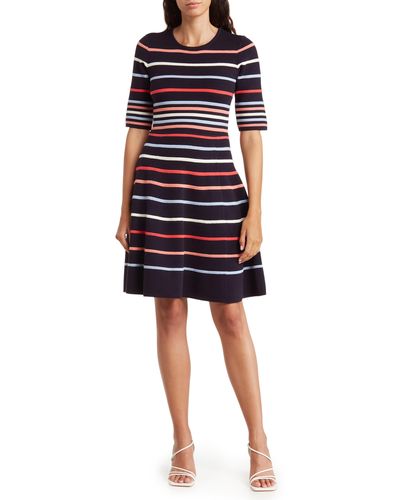 Vince Camuto Stripe Elbow Sleeve Fit & Flare Dress - Black
