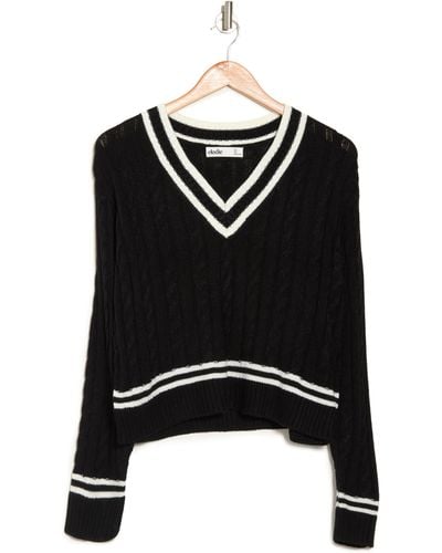 Elodie Bruno Varsity Cable Knit V-neck Sweater In Black White At Nordstrom Rack