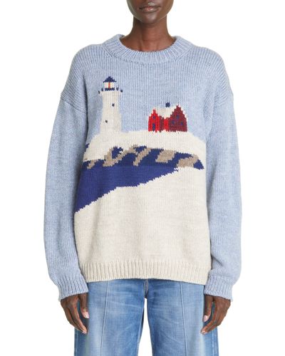 Bode Highland Lighthouse Wool Crewneck Sweater - Blue