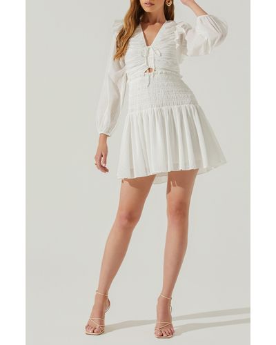 Astr Tayah Smocked Long Sleeve Minidress - White
